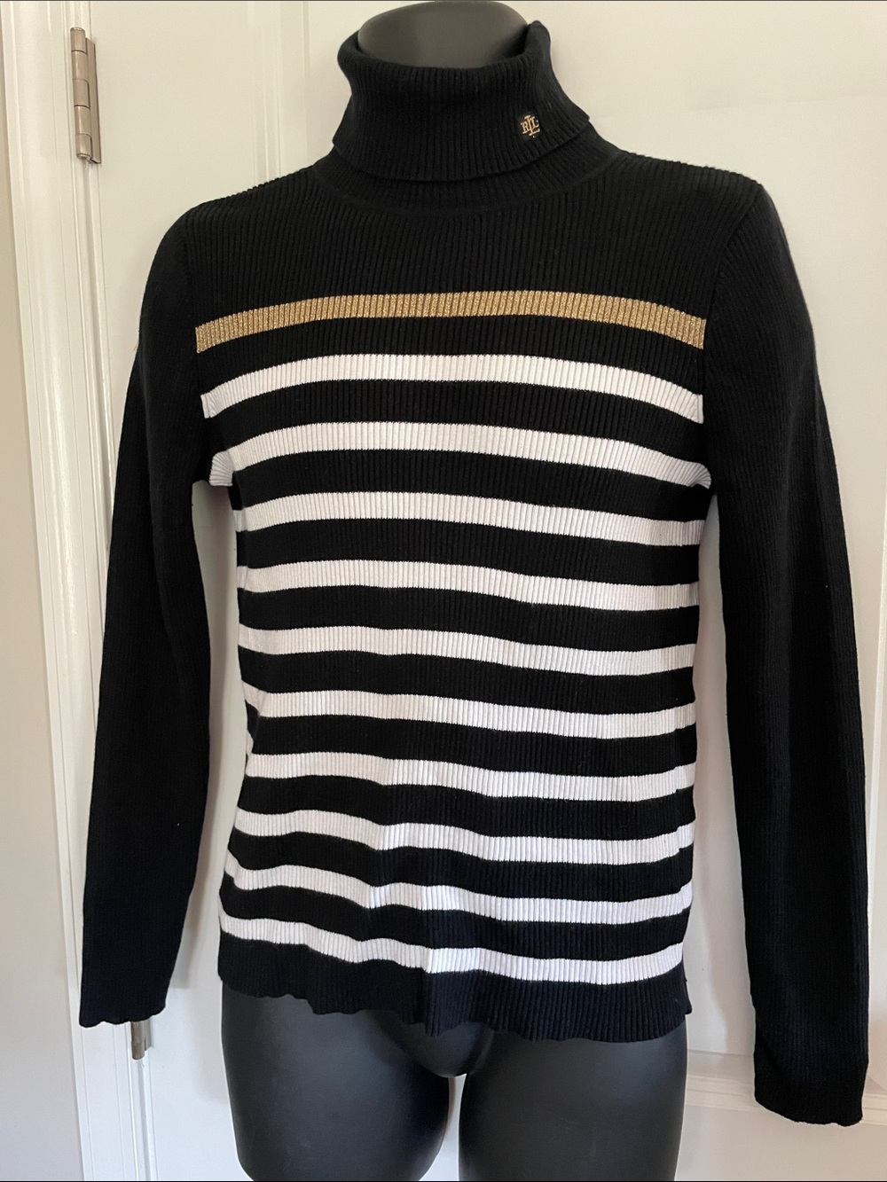 Ralph Lauren Turtleneck Sweater - Black/White with Gold Accent